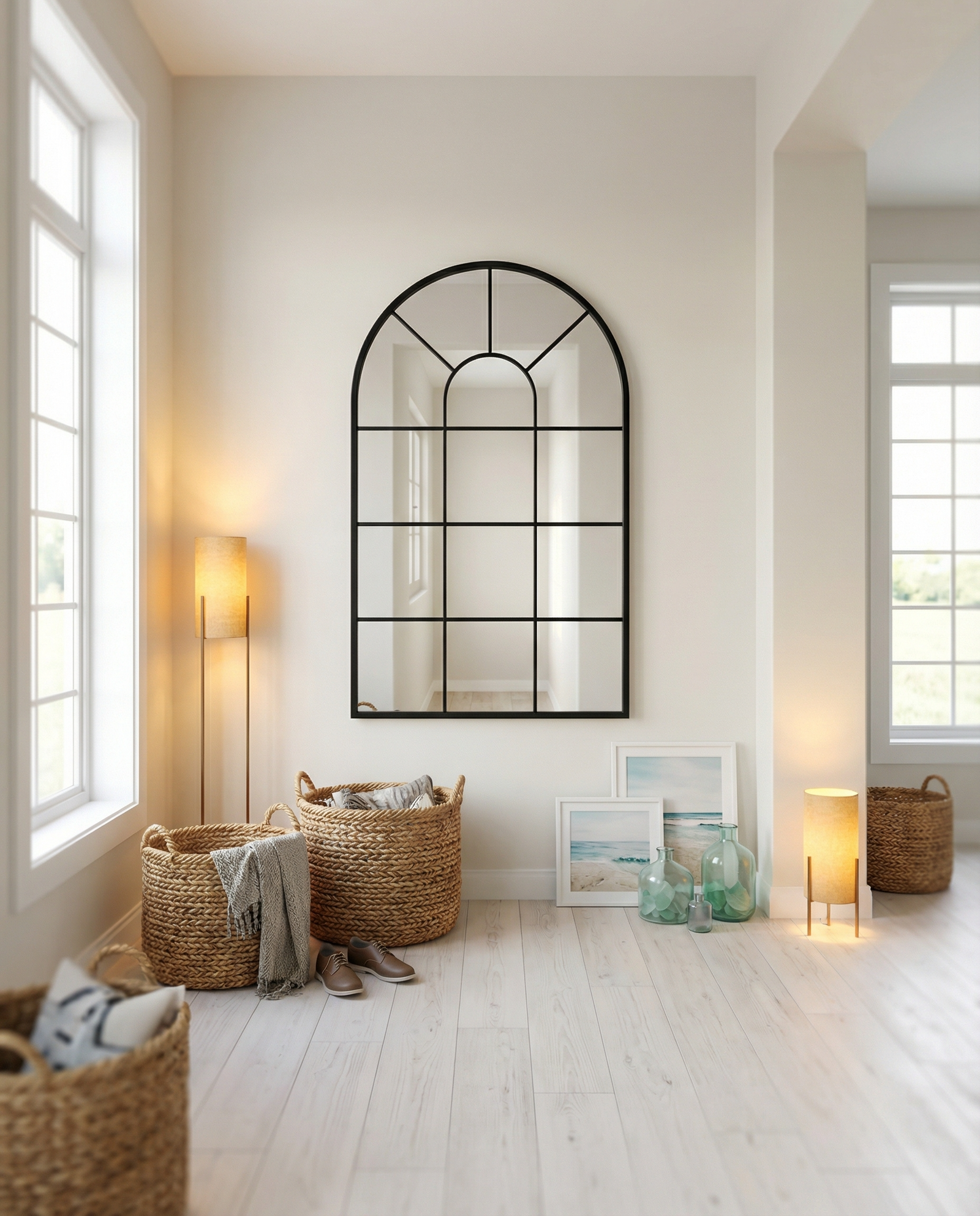 Arched window pane mirror styled in a coastal modern foyer with spring natural light, black metal frame, 32x20 inch mirror by Salkala Decor