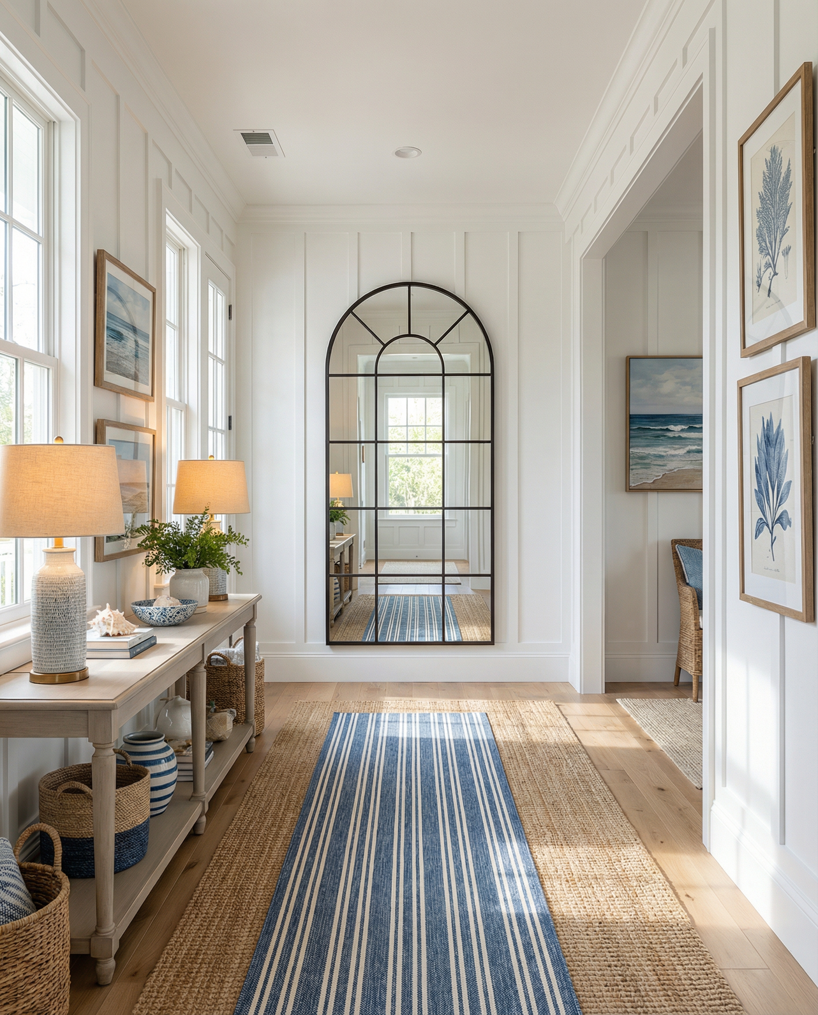 70x30 arched window pane mirror in black frame leaning in a Hamptons-style hallway with white walls and natural wood flooring