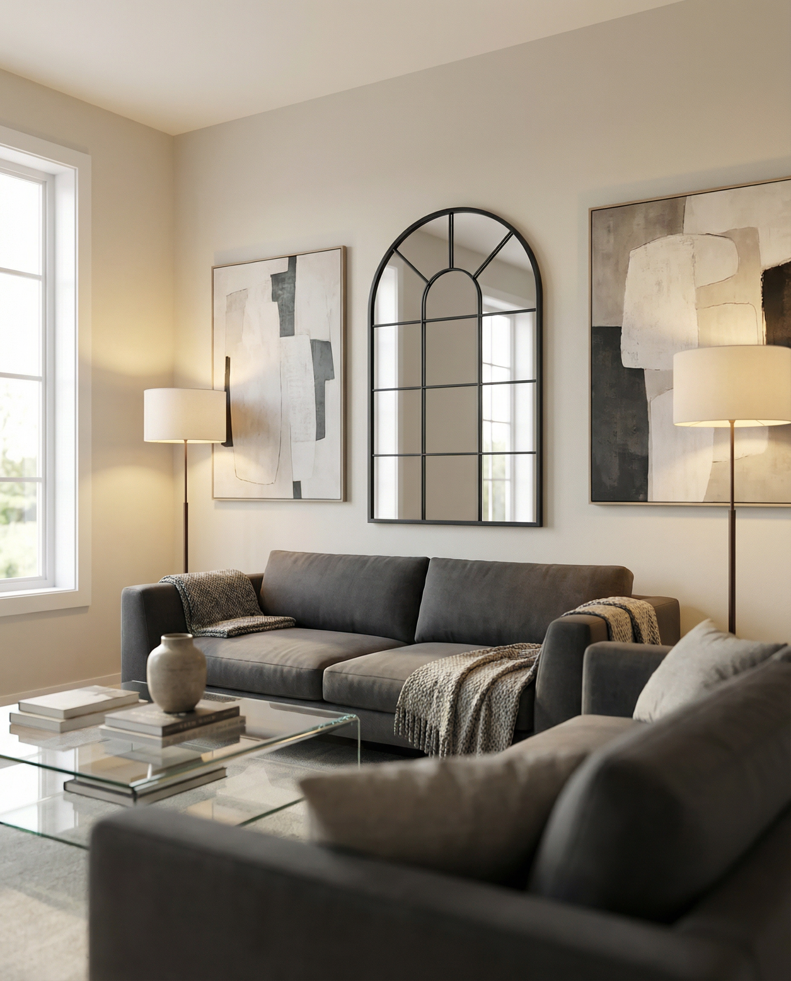 70x30 arched window pane mirror with black metal frame styled in a contemporary modern sitting room with warm neutral tones and natural light