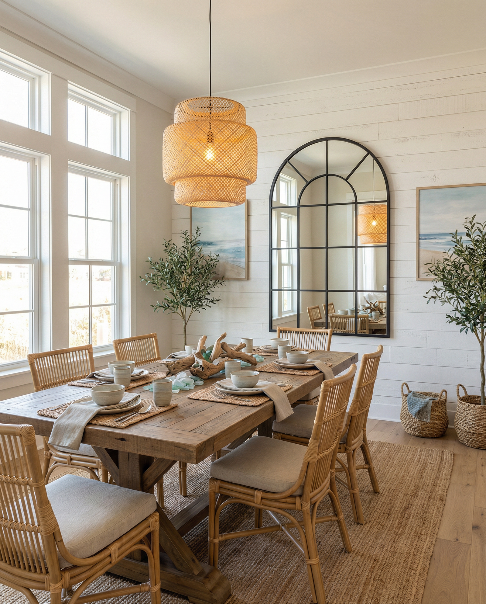 Arched window pane mirror with black metal frame displayed in a California coastal dining room with rattan chairs, light wood table, and natural linen textiles