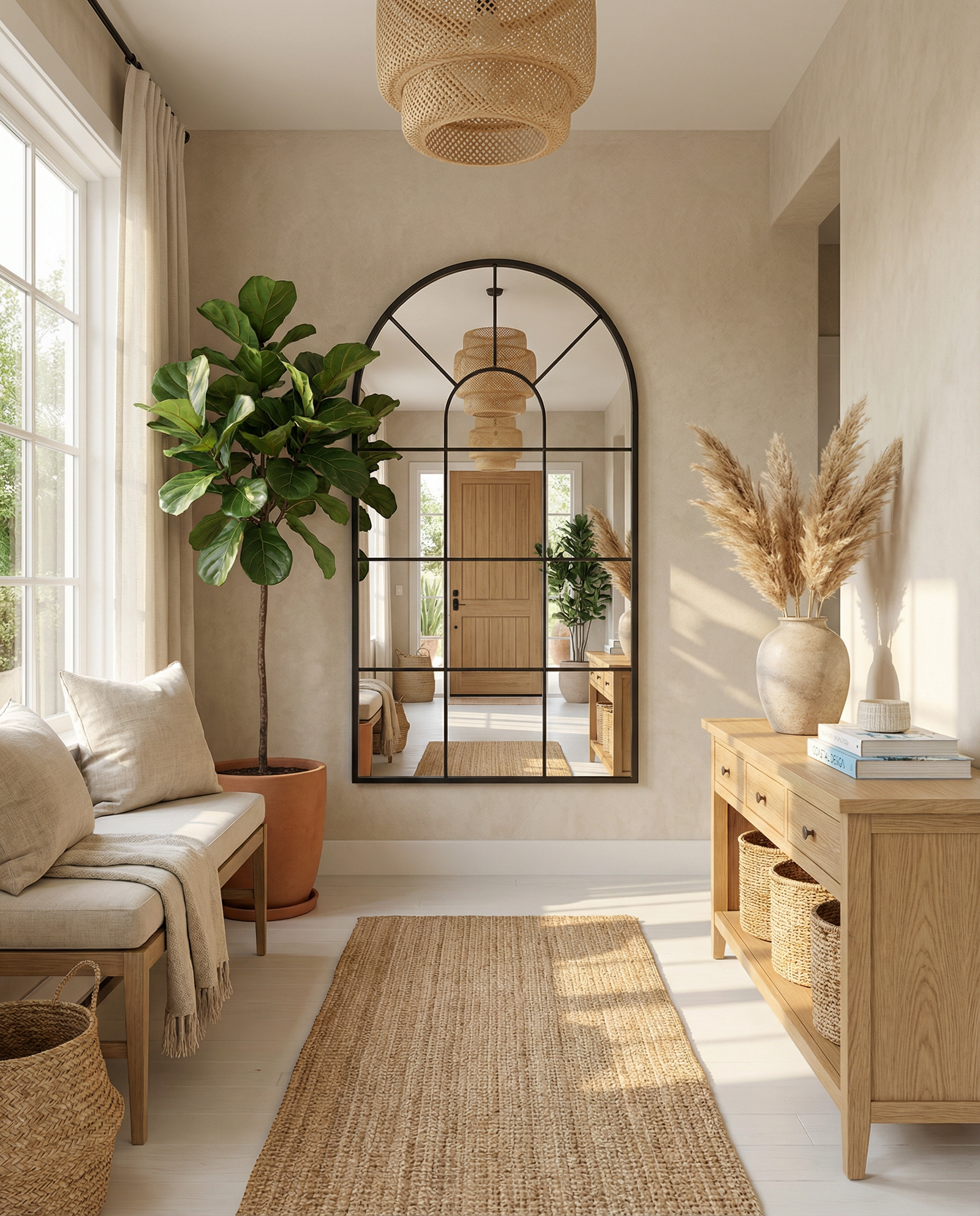 California coastal foyer with arched window pane mirror in black metal frame reflecting natural light in a bright white entryway styled with rattan and organic textures