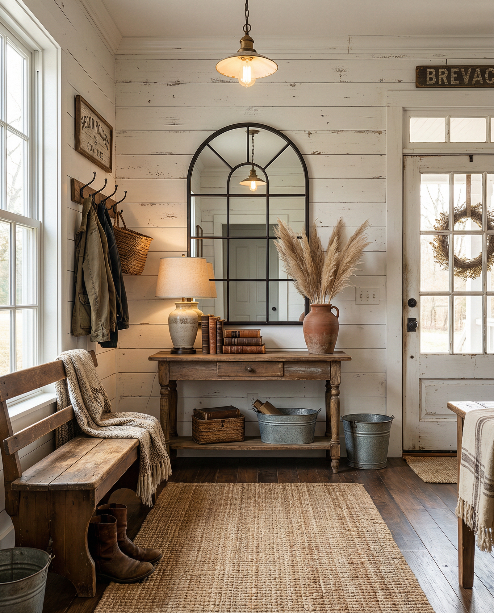 Arched windowpane mirror styled in a vintage farmhouse entryway with black metal frame, warm wood tones and natural light flooding the space