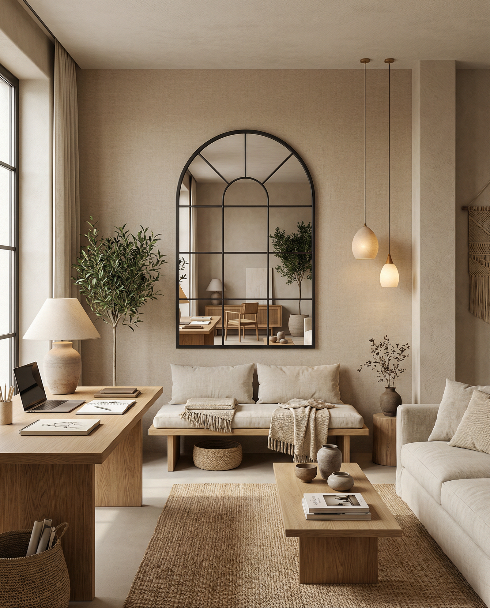 Arched window pane mirror with black metal frame in a Japandi-style creative studio with natural wood tones, warm lighting, and minimal decor