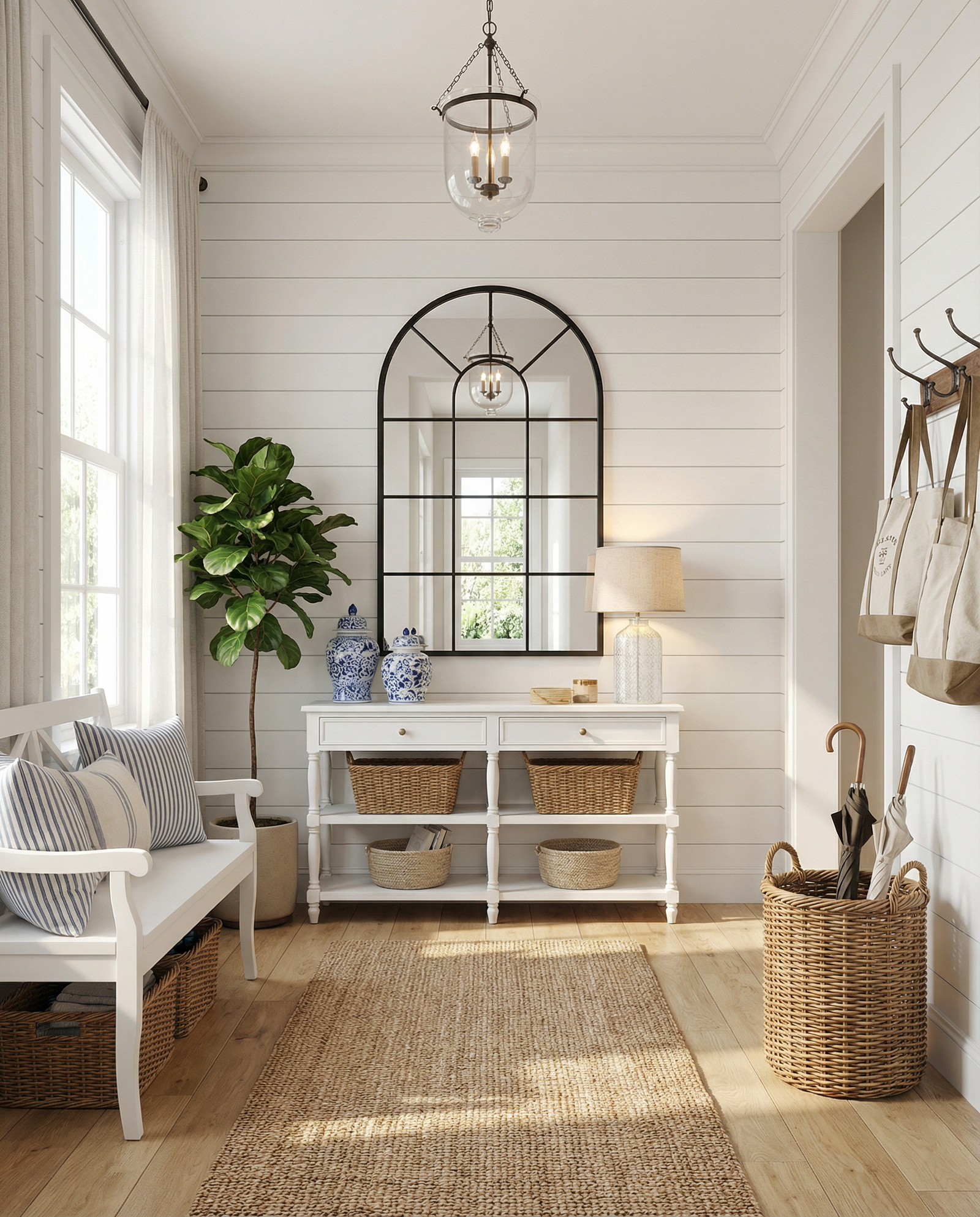32x20 inch arched window pane mirror with black metal frame styled in a Hamptons-style foyer, creating a sense of depth and light in the entryway
