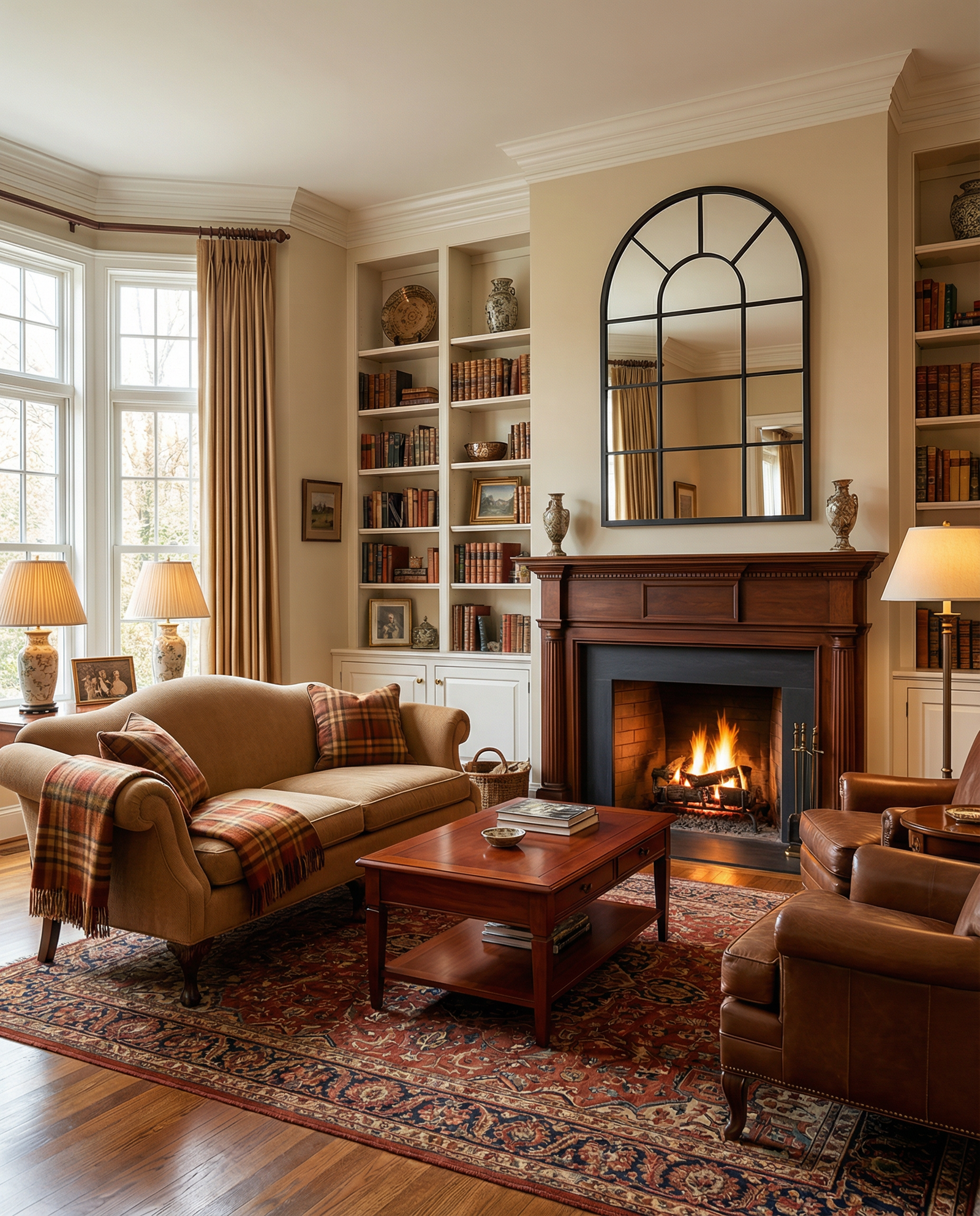 Arched window pane mirror styled above a sofa in a classic American sitting room with warm neutral tones and black metal frame detail