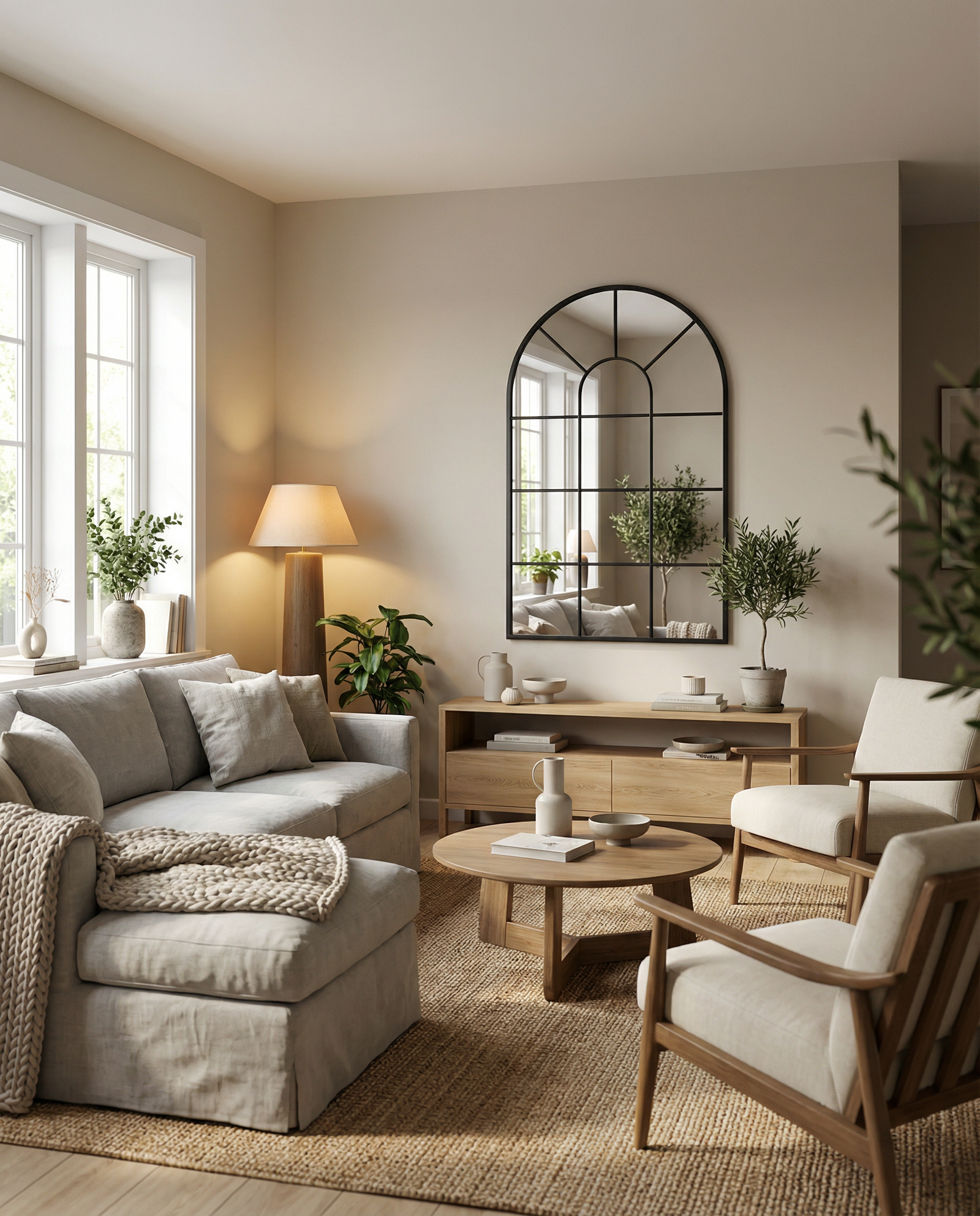 Arched windowpane mirror hung in a Scandinavian-style family room, reflecting natural light across an open-plan living space
