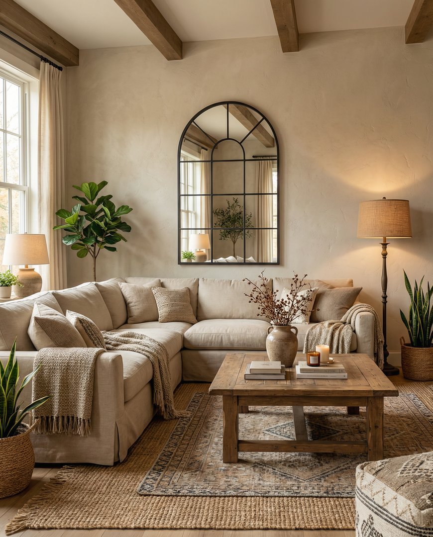 Arched window pane mirror with black metal grid frame styled above a console table in a rustic farmhouse family room with warm wood tones and linen sofas