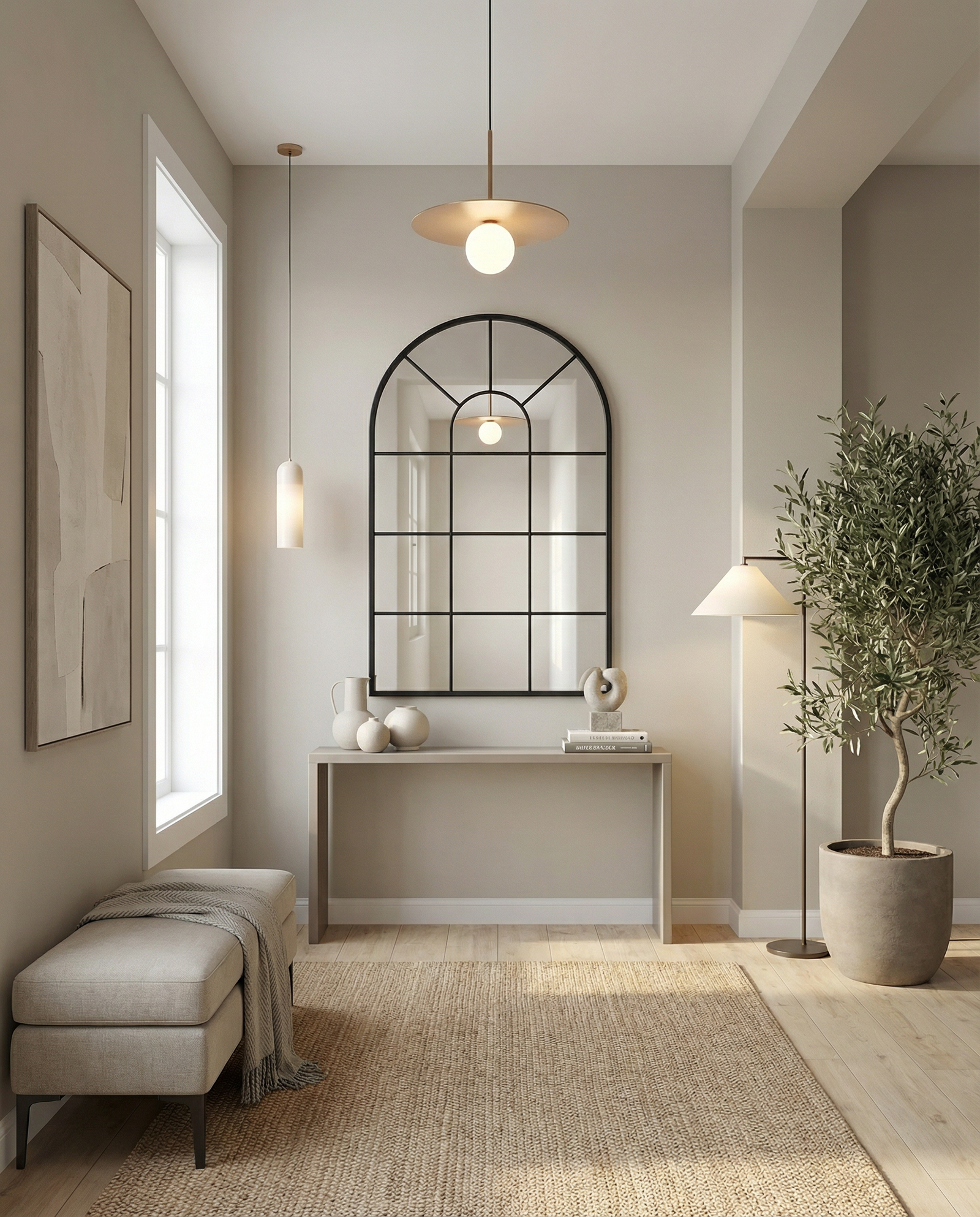 Large arched window pane mirror in a contemporary modern foyer with white walls, light hardwood floors, and black metal frame creating a dramatic architectural focal point