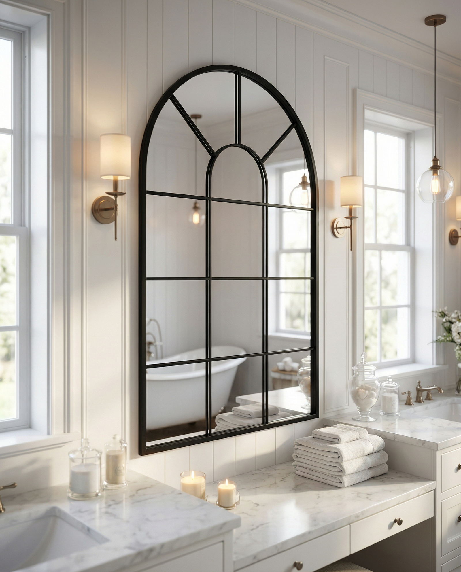 Arched window pane mirror in a Hamptons-style spa bathroom with soft neutral tones and natural wood accents — ideal gift for mothers who love a calm, luxurious home