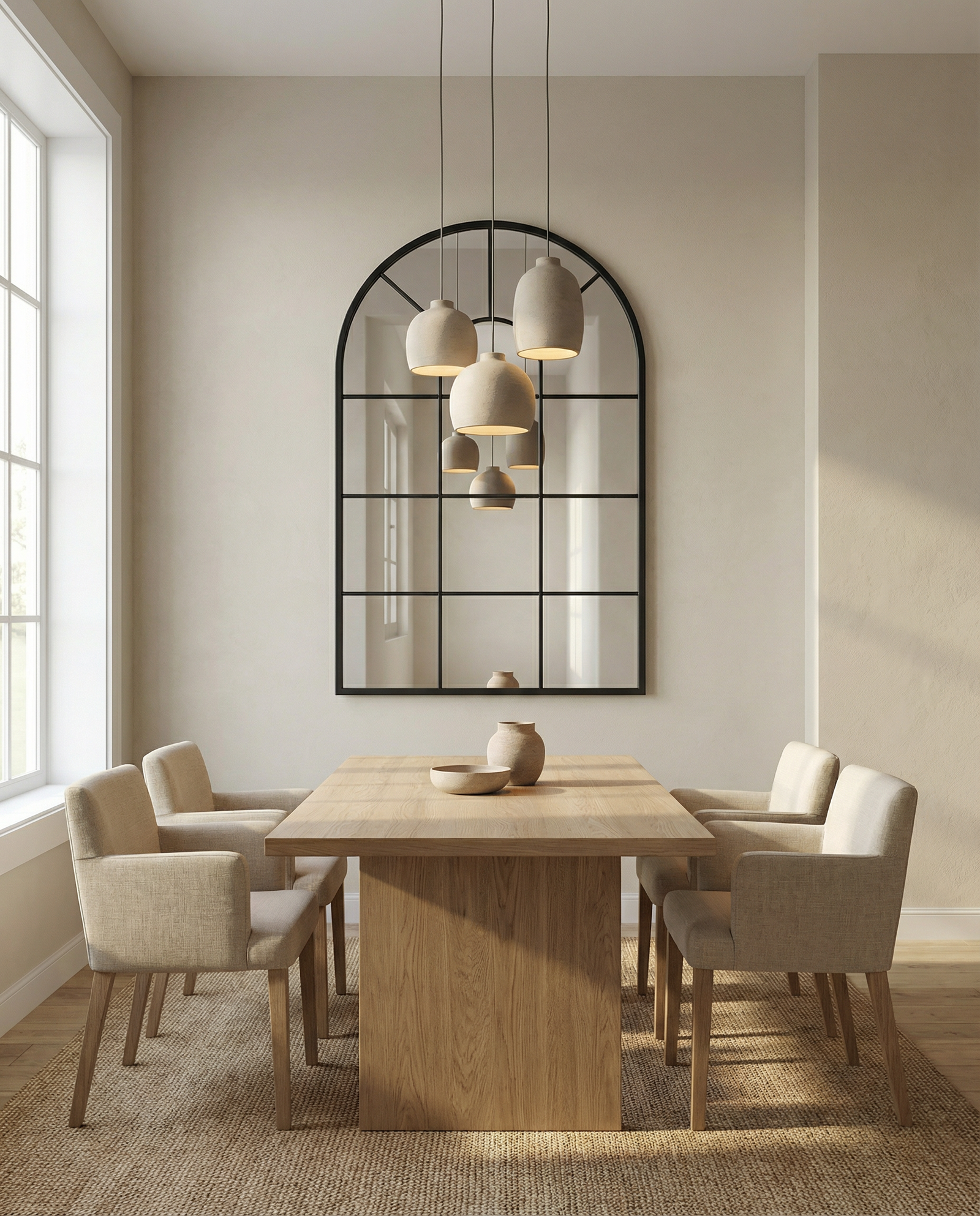 Arched windowpane mirror with black metal frame in a Japandi-style dining room with natural wood tones and neutral linen