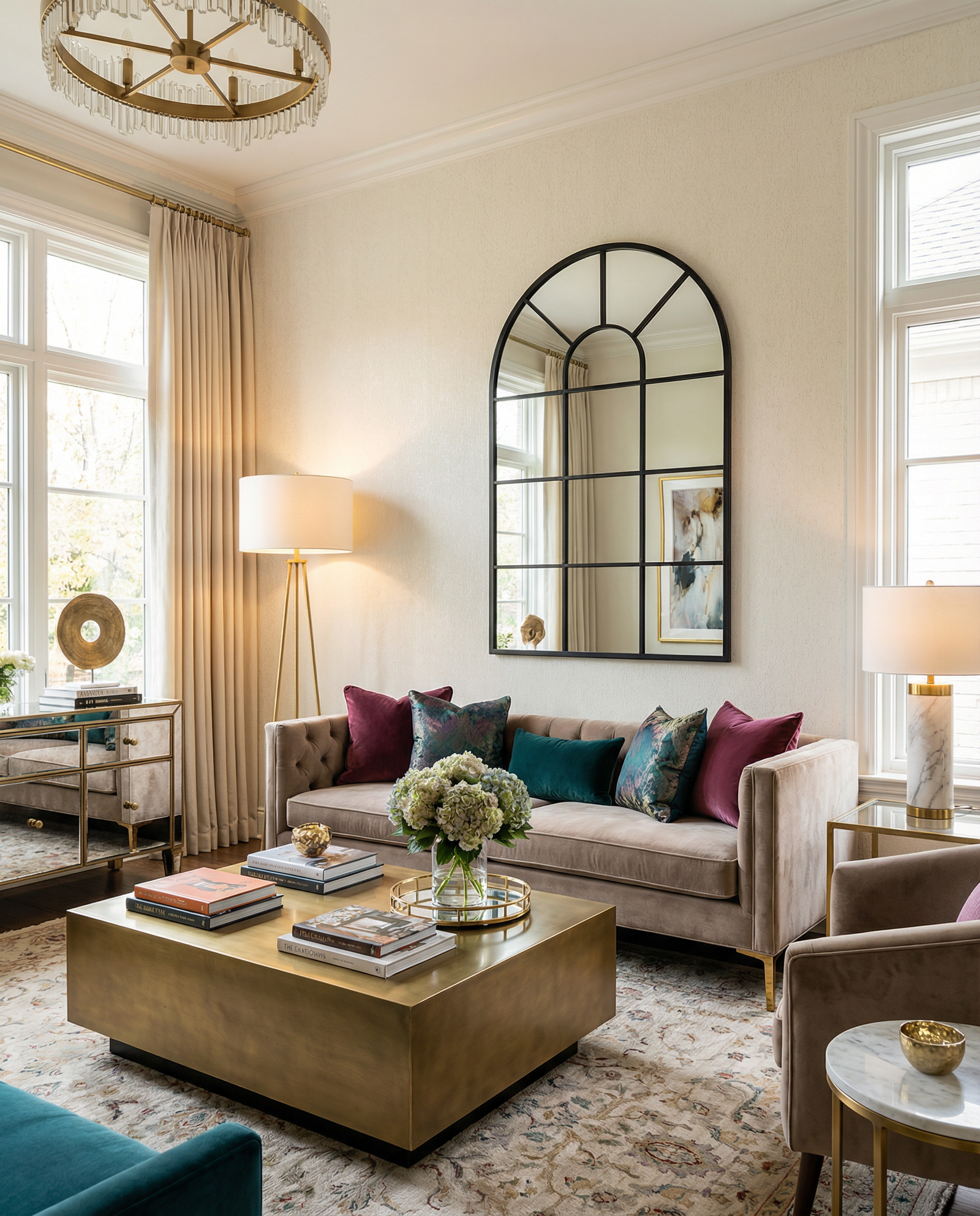 How to Style an Arched Mirror Above a Sofa (2026 Guide) Black arched window pane mirror hanging at the correct height above a modern glam living room sofa, with the bottom edge floating 7 inches above the cushions