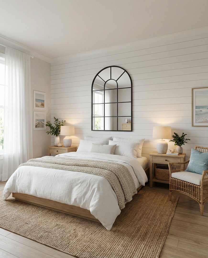 Arched window pane mirror with black metal frame leaning against a white wall in a minimalist Hamptons-style bedroom with linen bedding and natural wood nightstands