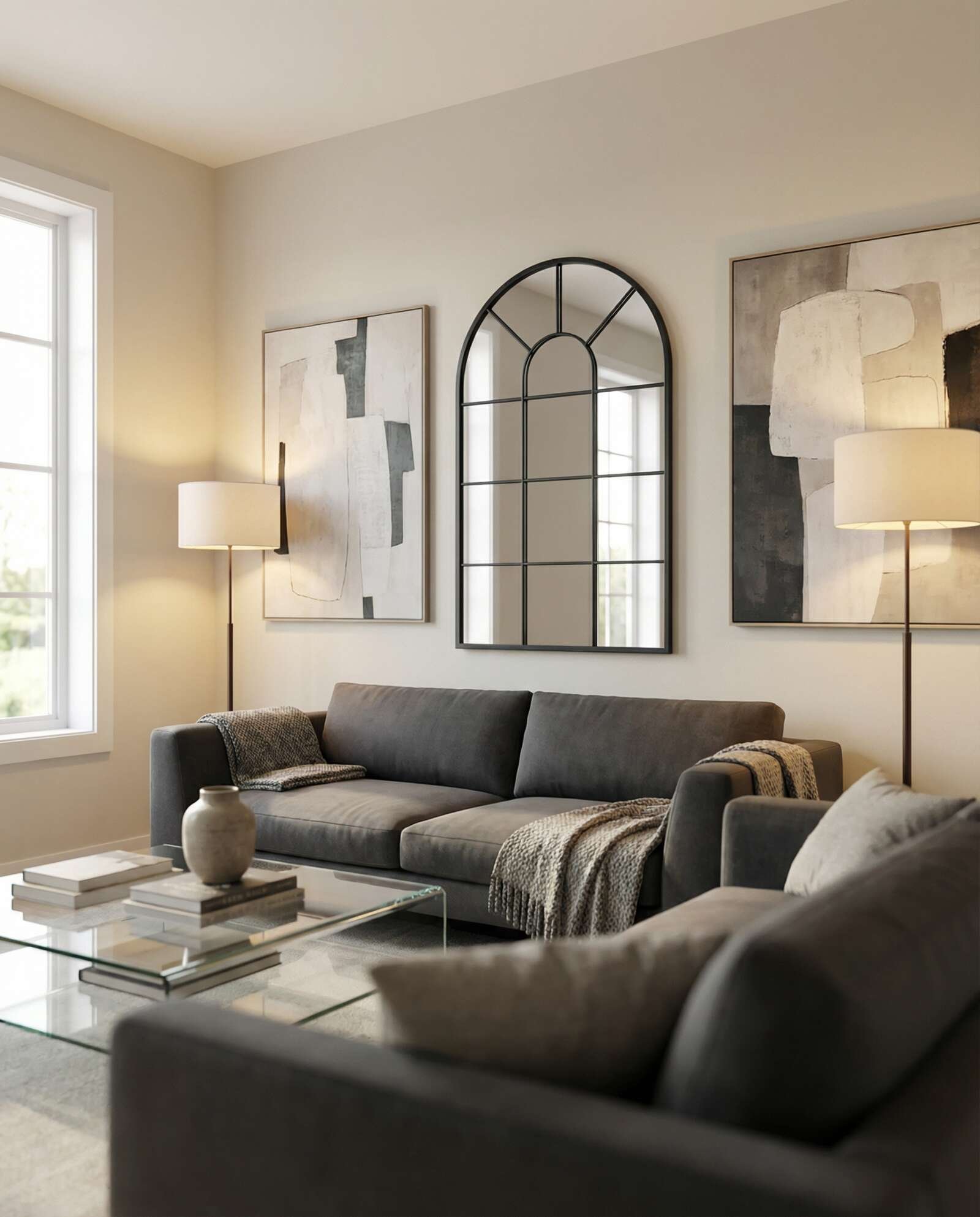 Arched window pane mirror with black metal frame styled in a contemporary modern sitting room, reflecting natural light from an adjacent window