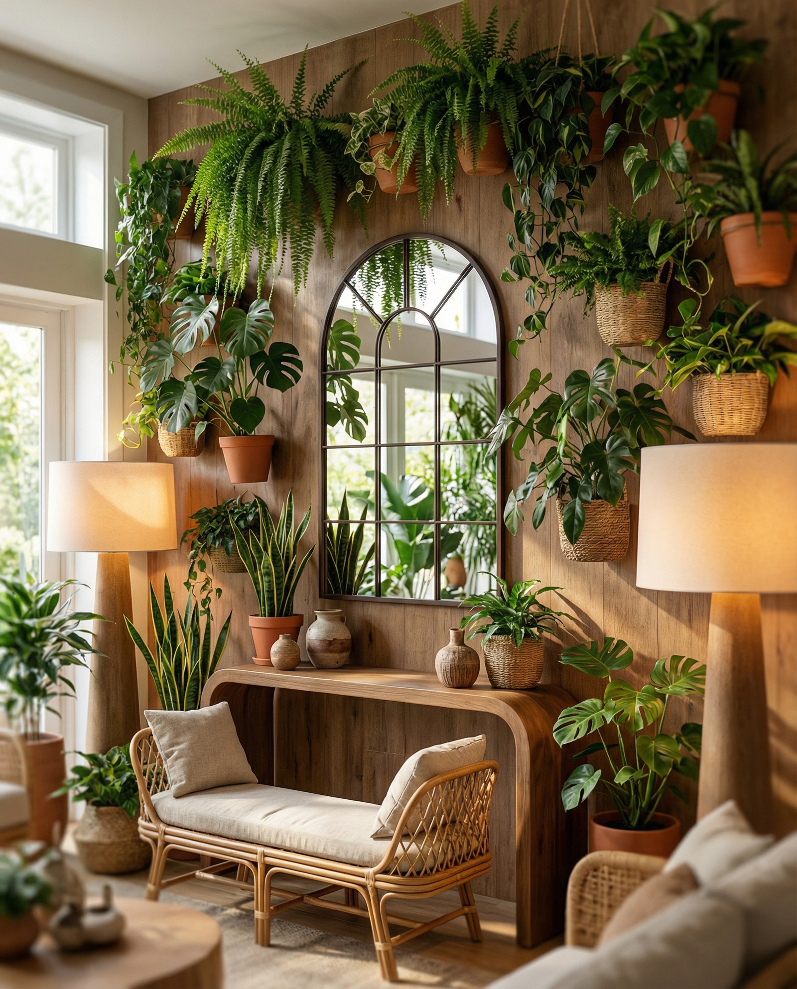 Arched window pane mirror styled in an organic modern garden setting with spring greenery and warm natural light reflecting off the black metal frame